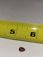 Top view of pear-cut garnet next to tape for scale