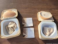 Pair of Amoena breast forms in open storage cases with fabric pouches and care booklets displayed