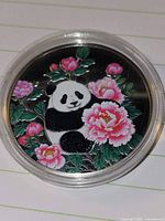 Front view of enameled panda medallion inside clear capsule