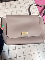 Front view of taupe leather crossbody with flap and gold-tone logo plate