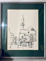 Full view of framed sketch showing mosque scene