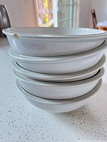 Stack of five light gray speckled Denby bowls showing chip on rim