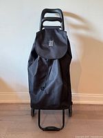 Front view of black canvas shopping cart on metal frame