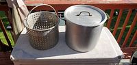 Pot, lid, and basket together on surface