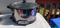 Weston oval stainless cooker with glass lid on outdoor table