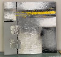 Full view of square abstract painting showing colours and texture