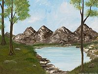 Full view of acrylic painting showing entire landscape scene and signature