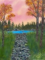 Front view of signed acrylic landscape painting on canvas