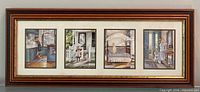 Full view of framed artwork showing four prints and frame detail