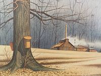 Close view of artwork detail showing tree with sap bucket and sugar shack