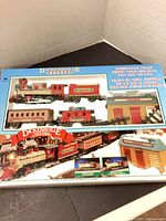 Front of Dickensville Christmas Train box showing contents graphics