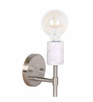 front view of brushed nickel wall sconce with marble accent and bulb