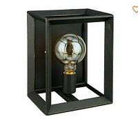Front view of rectangular black metal wall sconce with bulb