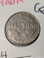 Close-up of reverse of 1924 Canada 5 cent coin
