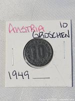 Obverse of 1949 Austrian 10 Groschen coin in 2x2 flip