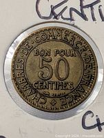 Obverse of 1922 50 centimes coin showing legends