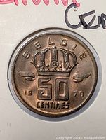 Obverse of 1970 Belgium 50 centimes coin showing crowned denomination and date