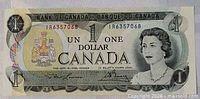 Full front view of 1973 Bank of Canada $1 bill