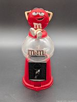 Front view showing Red M&M figure, clear globe, lever, base