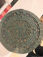 Front view of round Aztec calendar plaque