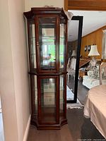 Full view of curio cabinet showing wood frame, glass panels and doors