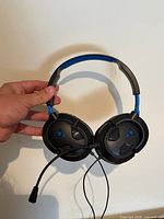 Front view of headset showing exterior earcups, headband and boom mic