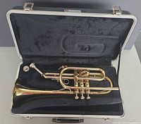 Cornet seated in hard case with mouthpiece