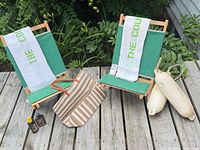 Overall lot with two chairs, tote, towels, fenders, sunscreen