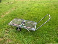 Side view of galvanized mesh cart with single wheel and handle