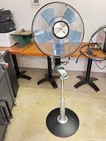 Full view of Rowenta pedestal fan showing base, pole, grille, blades