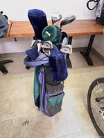 Full view of golf bag loaded with clubs and headcovers