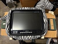 Zebra plush Hannspree TV showing screen, front controls visible