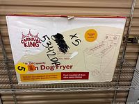 Front of sealed box showing Carnival King 37 lb Corn Dog Fryer