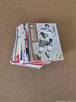 Stack of assorted hockey cards angled view