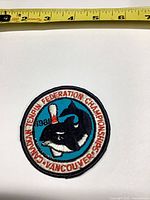 Front view of patch with measuring tape showing size and full design