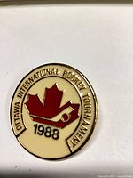 Front view of round enamel pin showing design and date