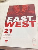 Front cover of East of West #21 comic showing title, issue number, creators and cover art