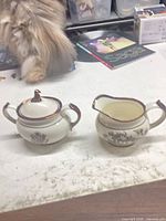 Sugar bowl with lid and matching creamer side-by-side