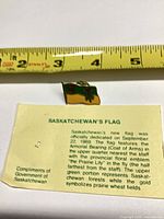 Front of enamel Saskatchewan flag lapel pin beside ruler and information card
