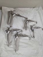 Group of five stainless steel vaginal specula on paper towel