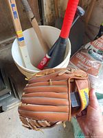 Bucket containing bats plus leather glove held in foreground