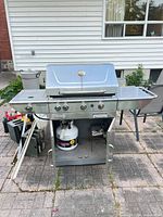 Full view of Centro stainless steel propane grill with hood closed, side shelf and propane tank visible