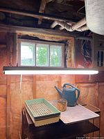 Overall view showing lit Philips fluorescent fixture hanging above cart with watering can, seed trays, basket