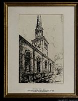 Front view of framed architectural rendering showing detailed drawing, mat, caption and frame