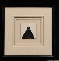 Front view showing frame, matting and minimalist black dress artwork