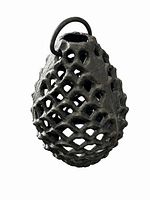 Full view of egg-shaped cast iron lattice lantern with hanging loop