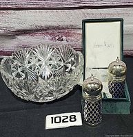 Group shot of crystal bowl, pair of shakers in box
