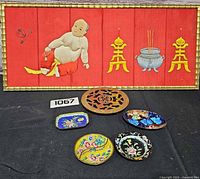 All items overview: four cloisonné dishes and one carved wood tray