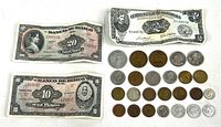 Overall lot: three banknotes and grid of coins