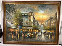Full view of framed Paris street scene oil painting
